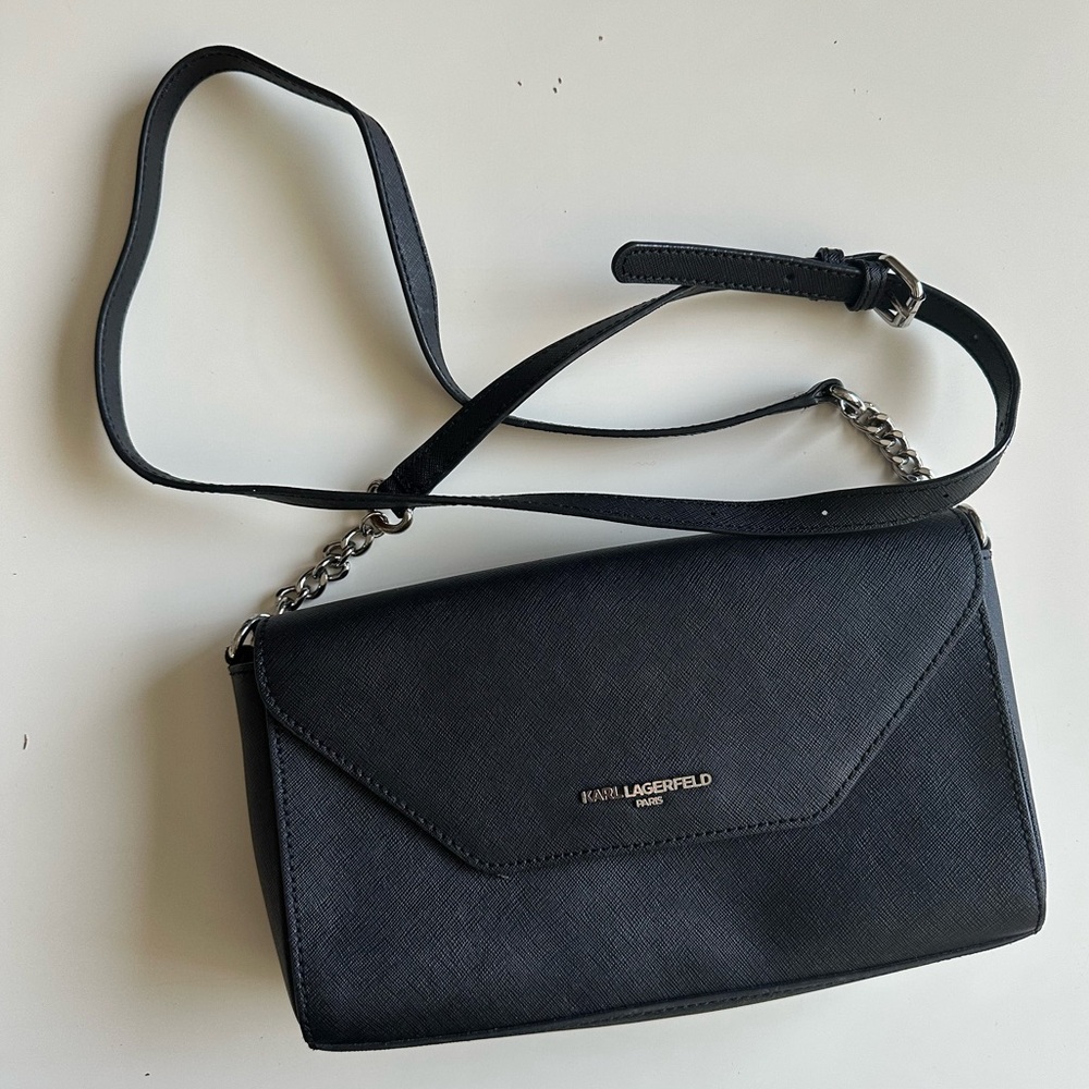 Karl Lagerfeld Black Leather Crossbody Bag.